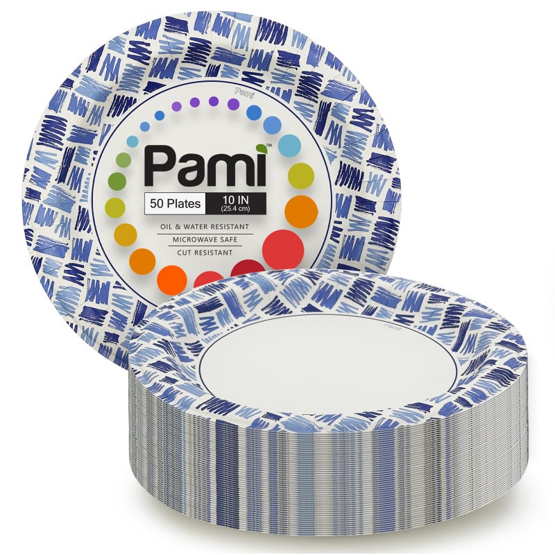 PAMI Heavy Duty Microwave Safe Disposable Paper Plates Large and Medium Sizes Oil Water Cut Resistant Dinnerware for Hot Cold Food 10 Inch Plate 50 Blue